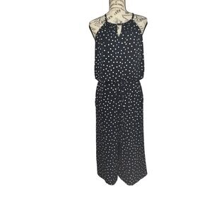 London Times Womens Size 6 Navy Blue Polka Dot Halter Wide Leg Crop Jumpsuit